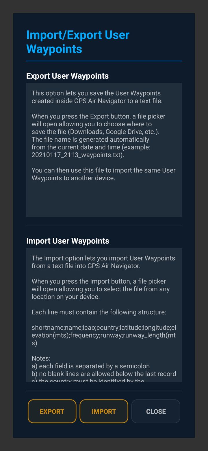 Import export waypoints panel