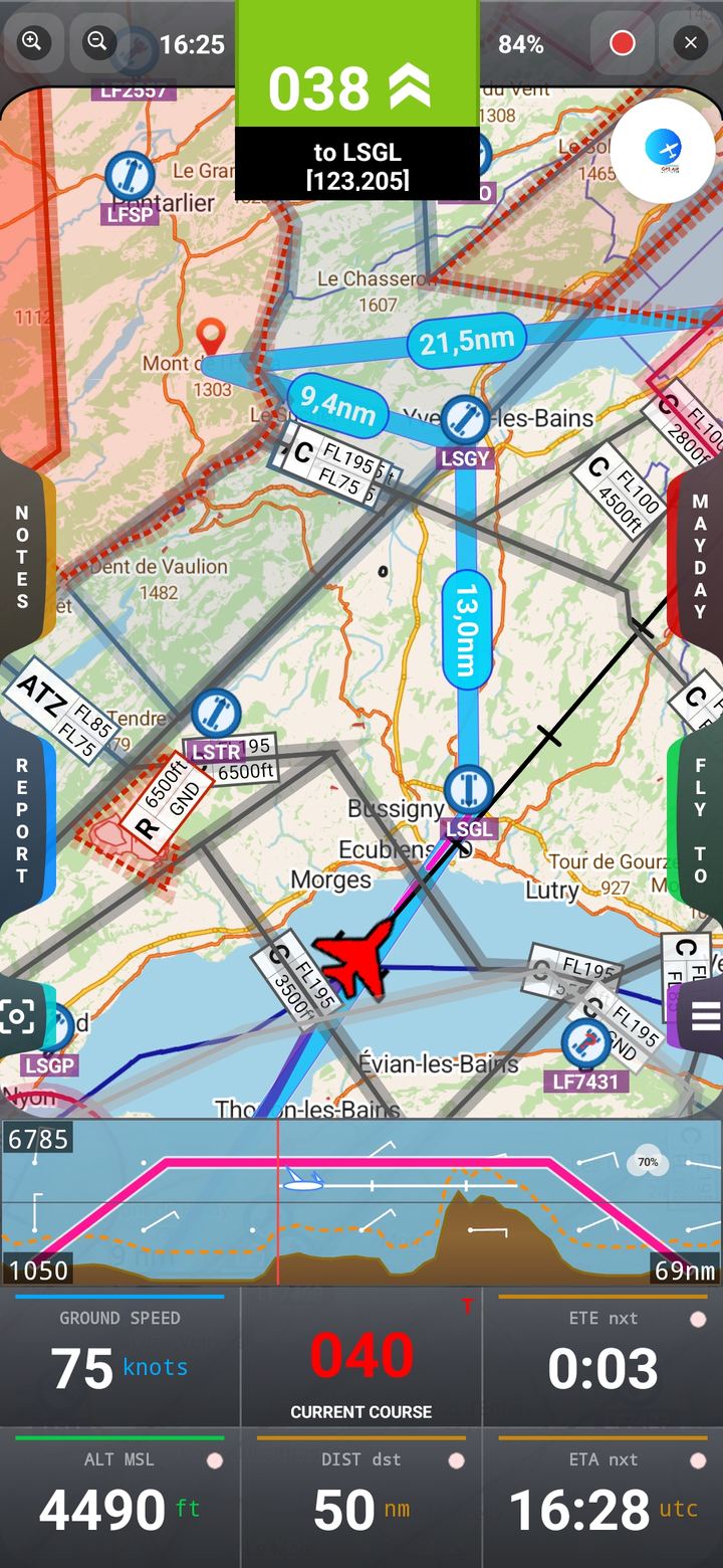 GPS Air Navigator moving map with airspace and terrain profile