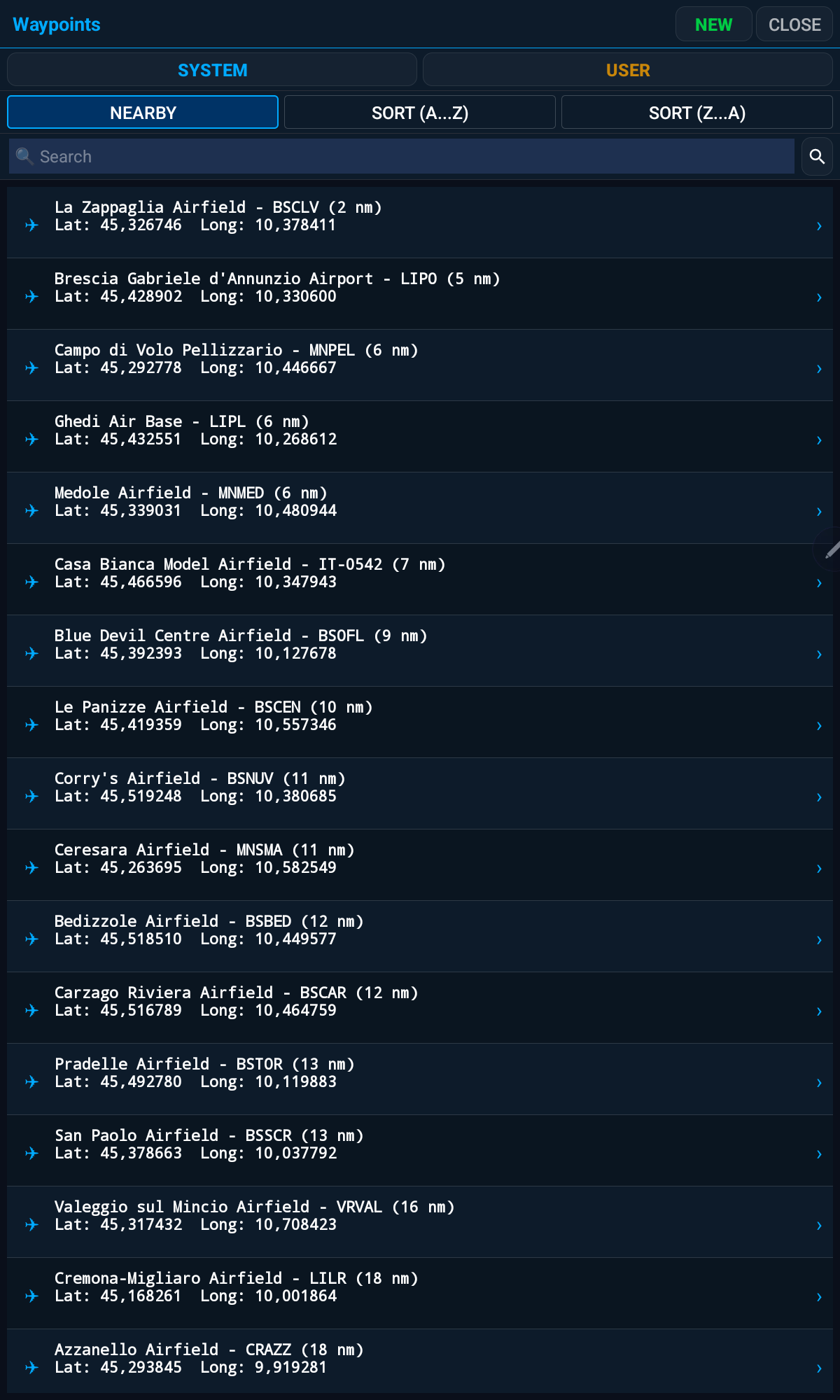 Waypoints list